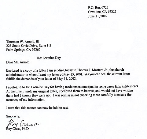 retraction letter from ray cress to thurman arnold and elder tom retraction letter